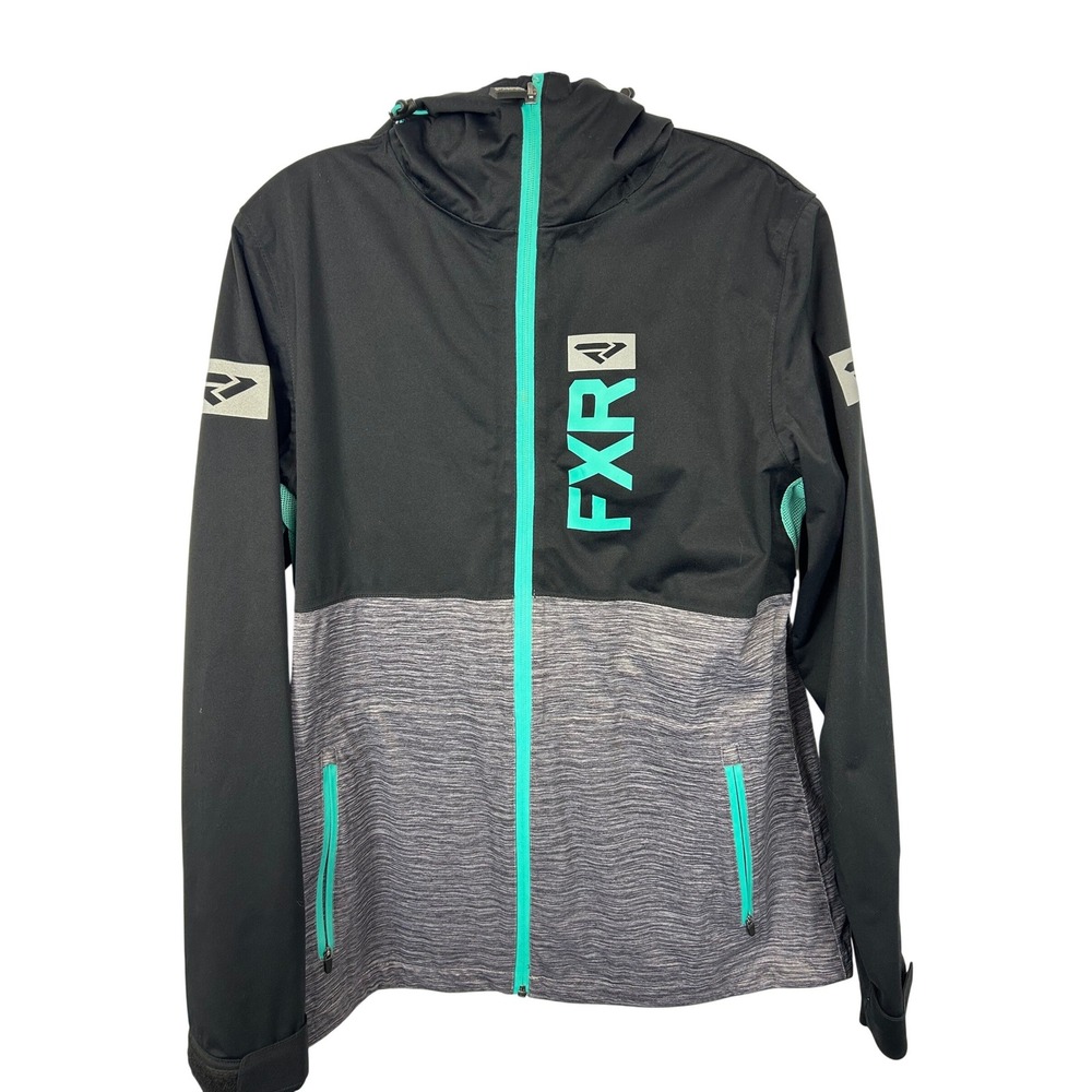FXR Tech Gear Womens Rush Dual Laminate Rain Jacket Black Gray Teal Hooded Large